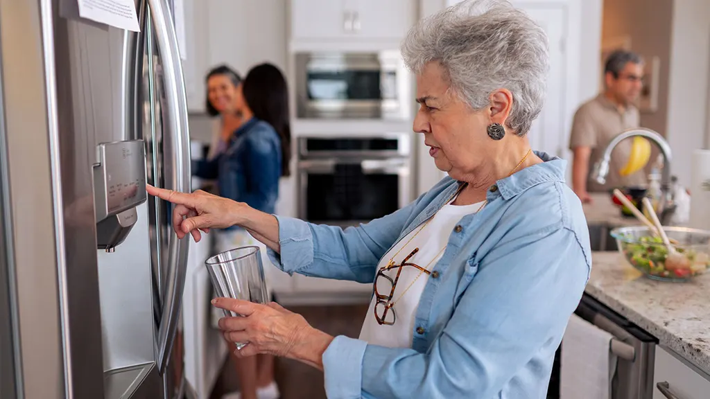 woman infront of electrolux fridge that is not dispensing water